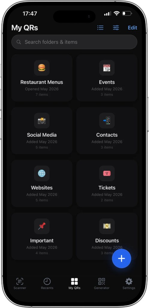 QRious app showing My QRs folders